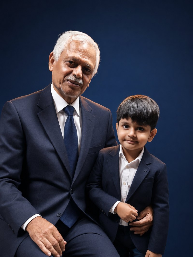 Abadhkishor Singh Gurjar — founder of Vihaan Global Services — seated with his grandson Vihaan, the firm's namesake. Both in matching navy formal suits.